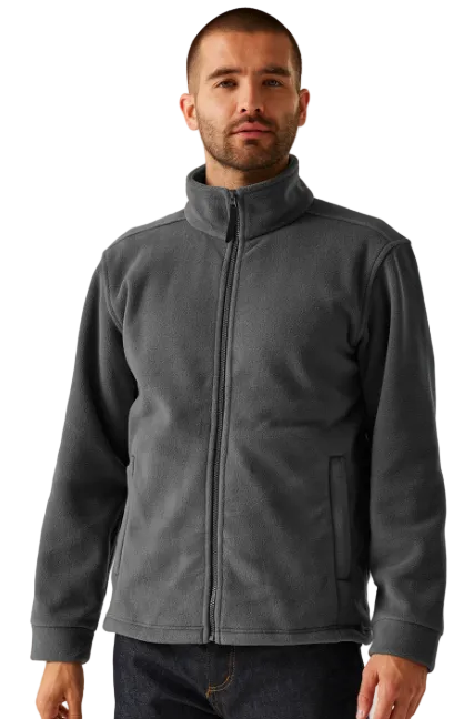 Man wearing a gray fleece jacket on a plain background