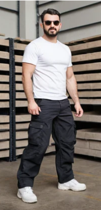 Man wearing a white t-shirt and black pants standing in front of wooden pallets.