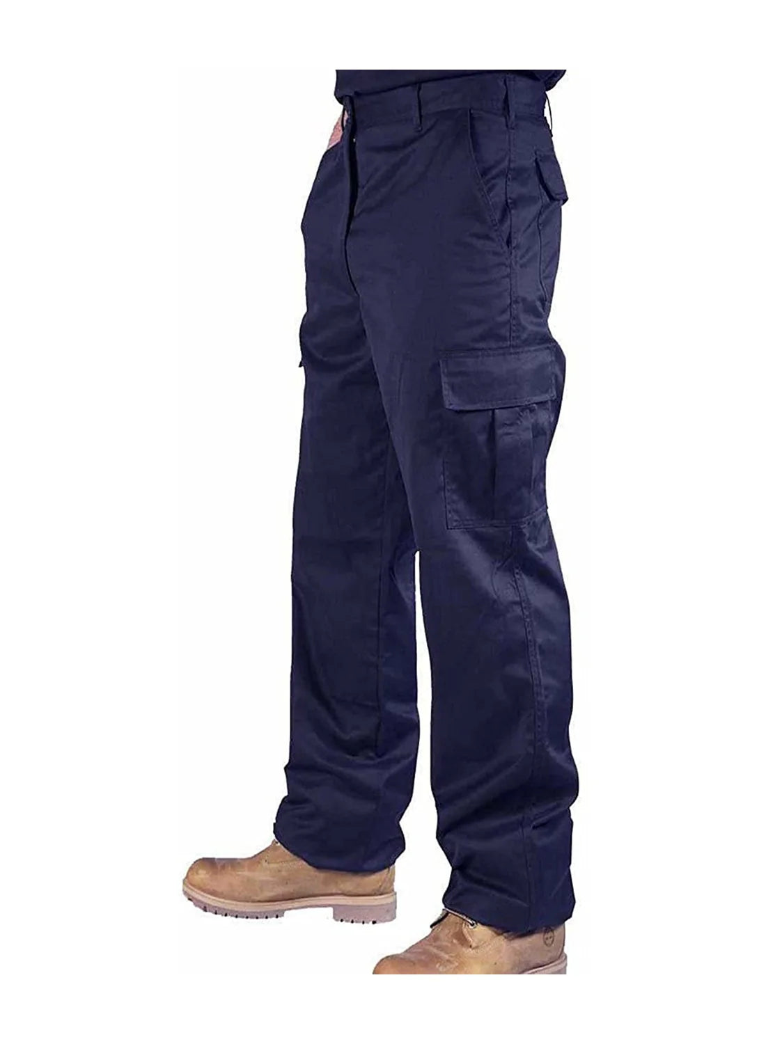 Navy blue work pants with multiple pockets on a white background