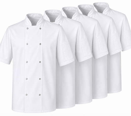 5 Pack Professional white Short Sleeves chef jacket with double-breasted design for restaurant and catering staff