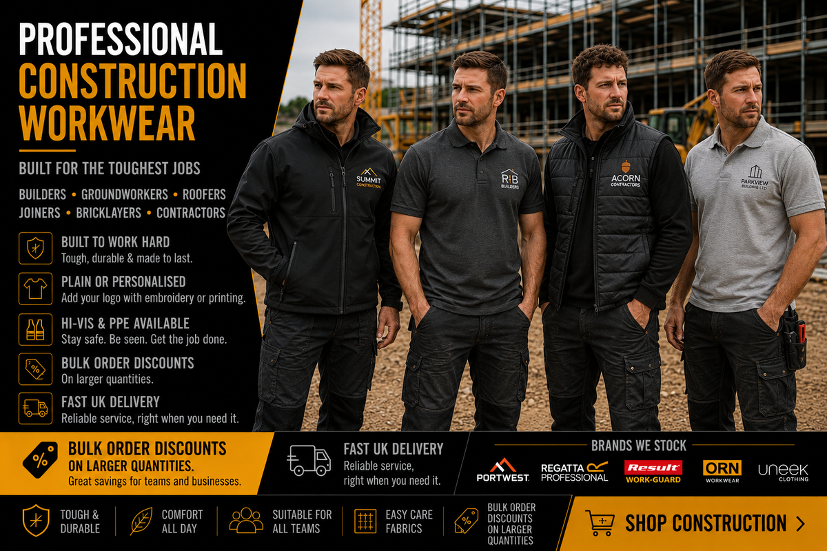 Four men in construction workwear standing in front of a construction site with promotional text about professional construction workwear.