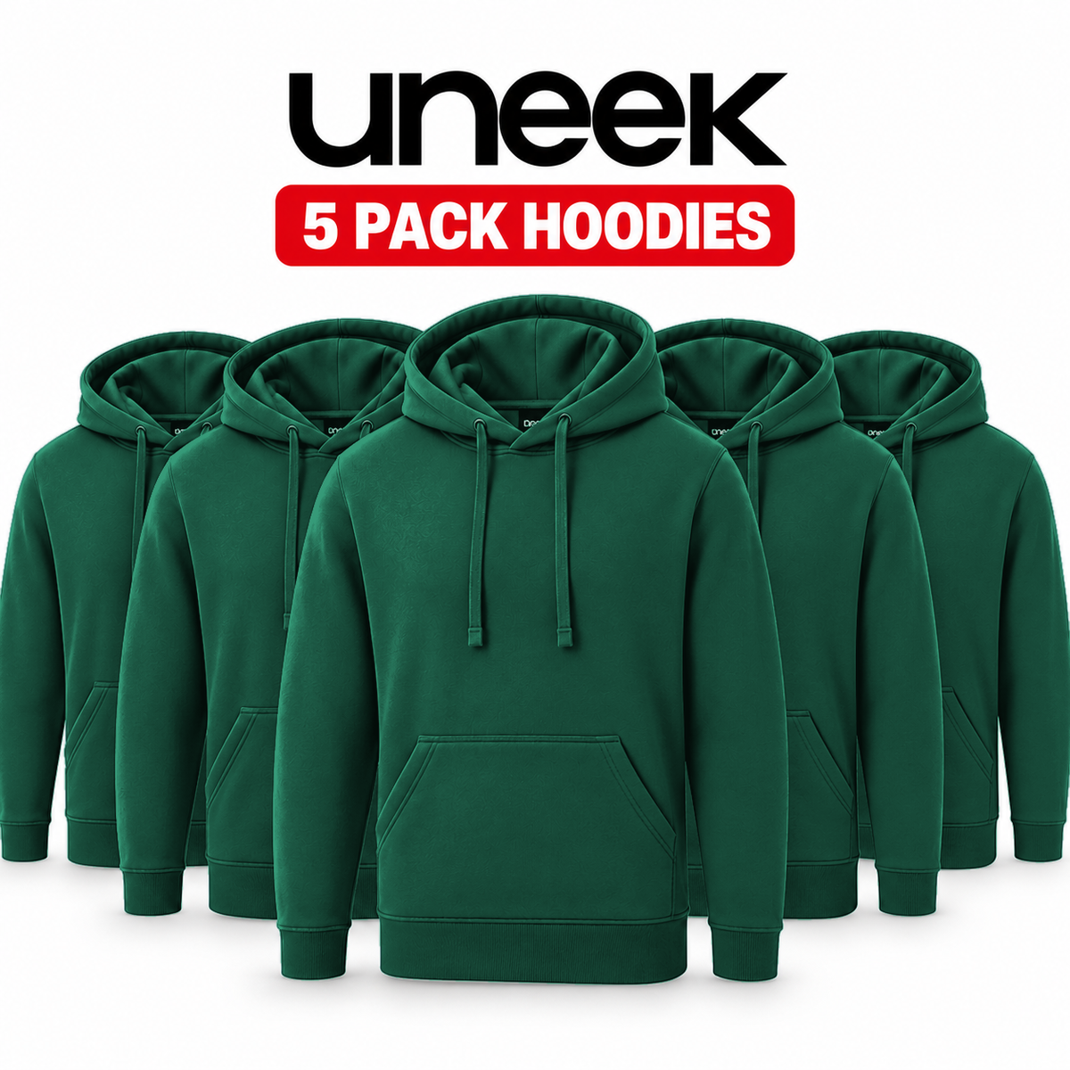 Five dark green pullover hoodies arranged in a row on a white background, with the text 'uneek' and '5 PACK HOODIES' above them.