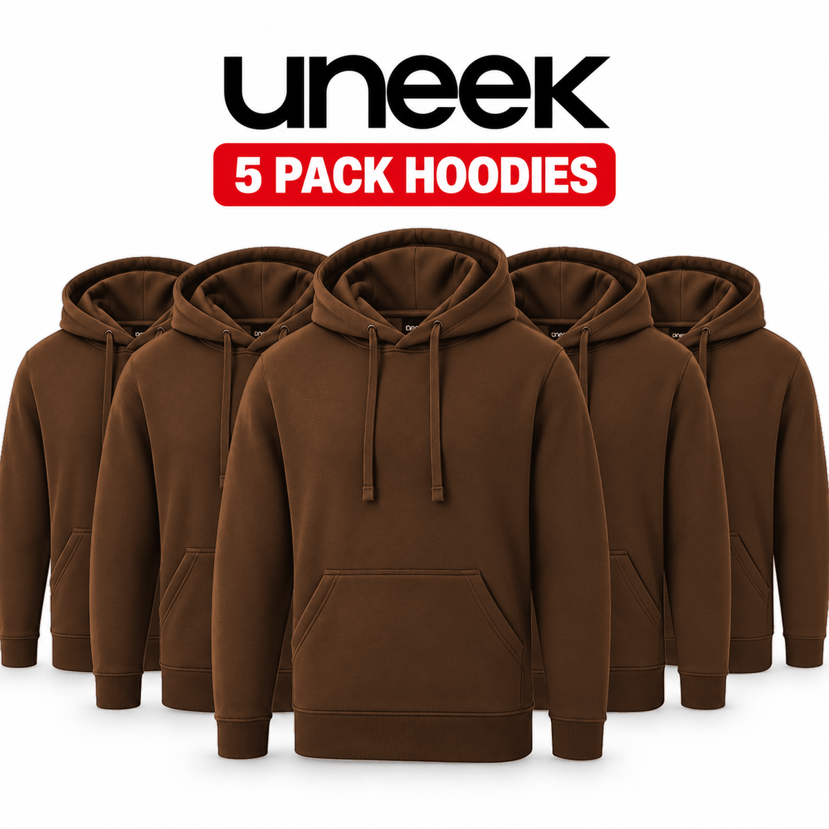 Five brown pullover hoodies arranged in a row on a white background, with the brand name 'uneek' and text '5 PACK HOODIES' displayed above.