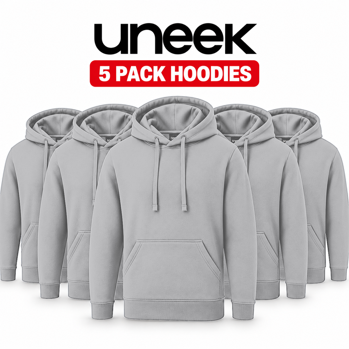 Five light gray hoodies arranged in a row on a white background, with the text 'uneek' and '5 PACK HOODIES' above them.