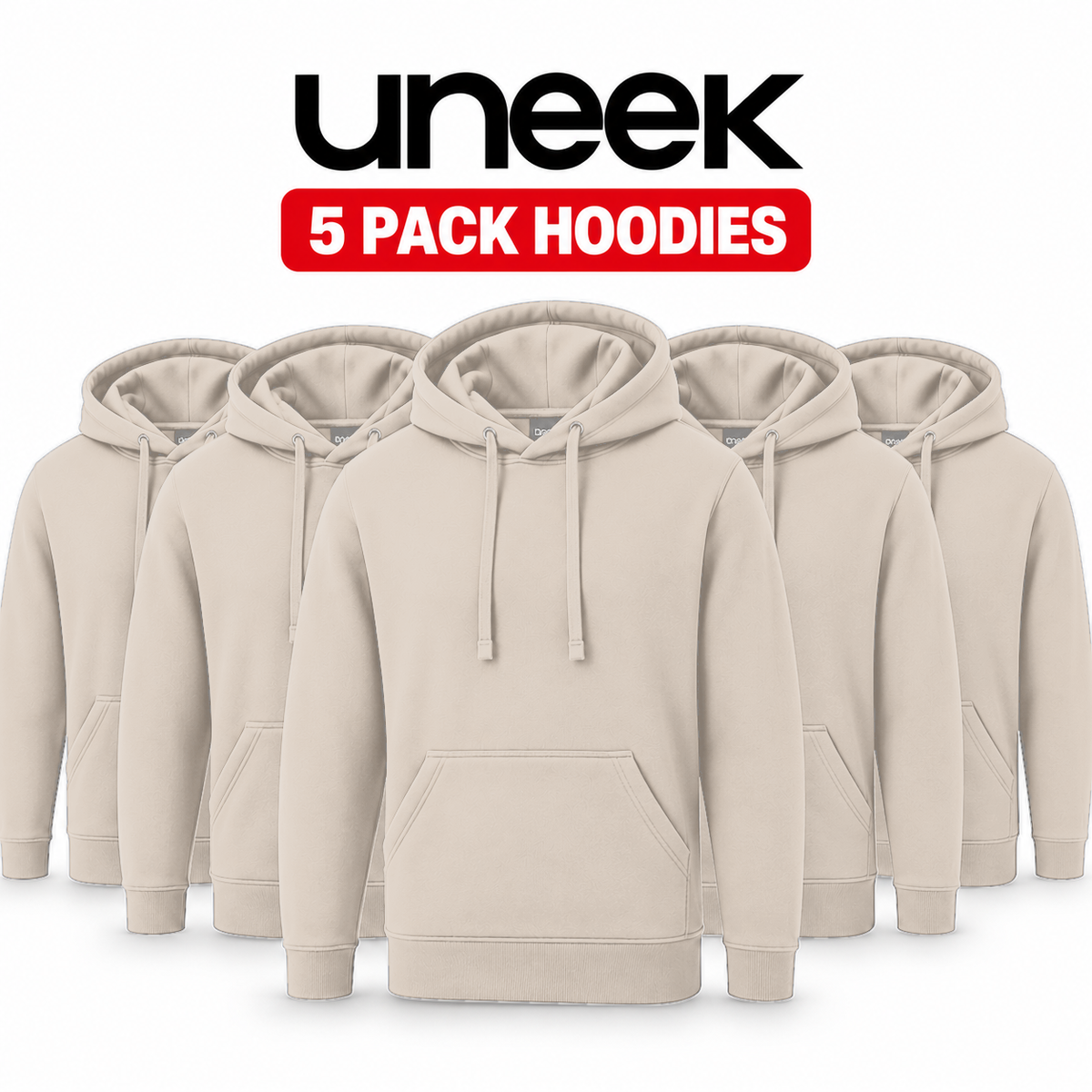 Five plain hoodies in a light warm beige color are shown in a row against a white background, with the text 'uneek' and '5 PACK HOODIES' above them.