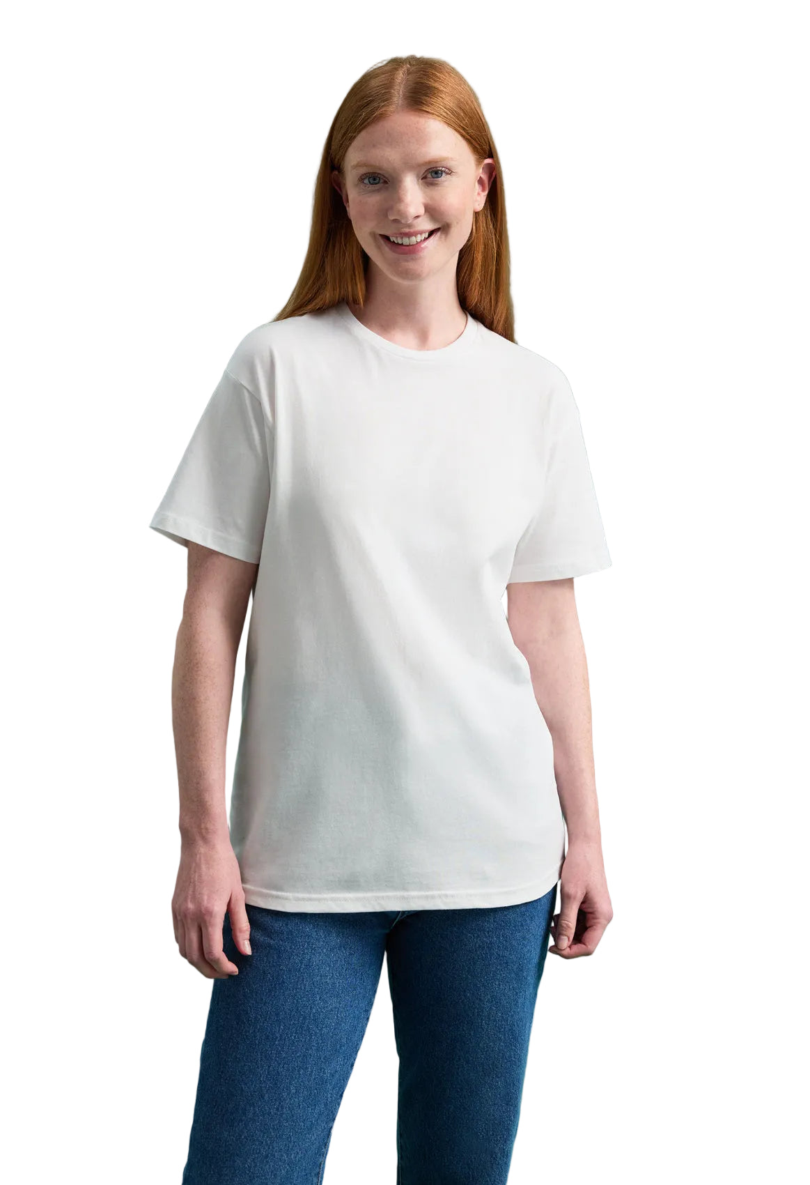 Person wearing a plain white t-shirt and blue jeans on a green background