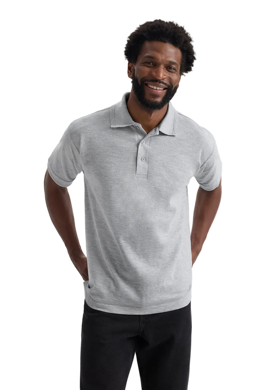 Man wearing a Uneek UC102 gray polo shirt on a white background