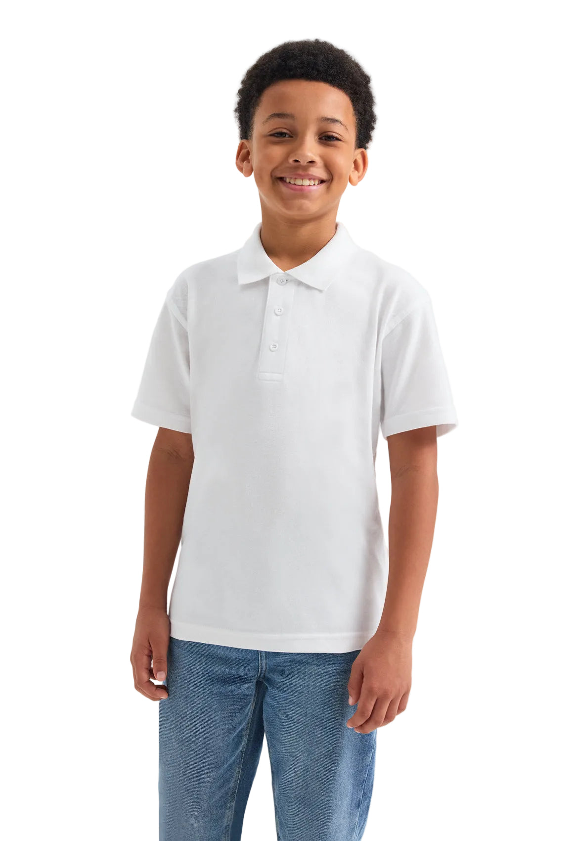 Child wearing a Uneek UC103 white polo shirt and blue jeans on a white background