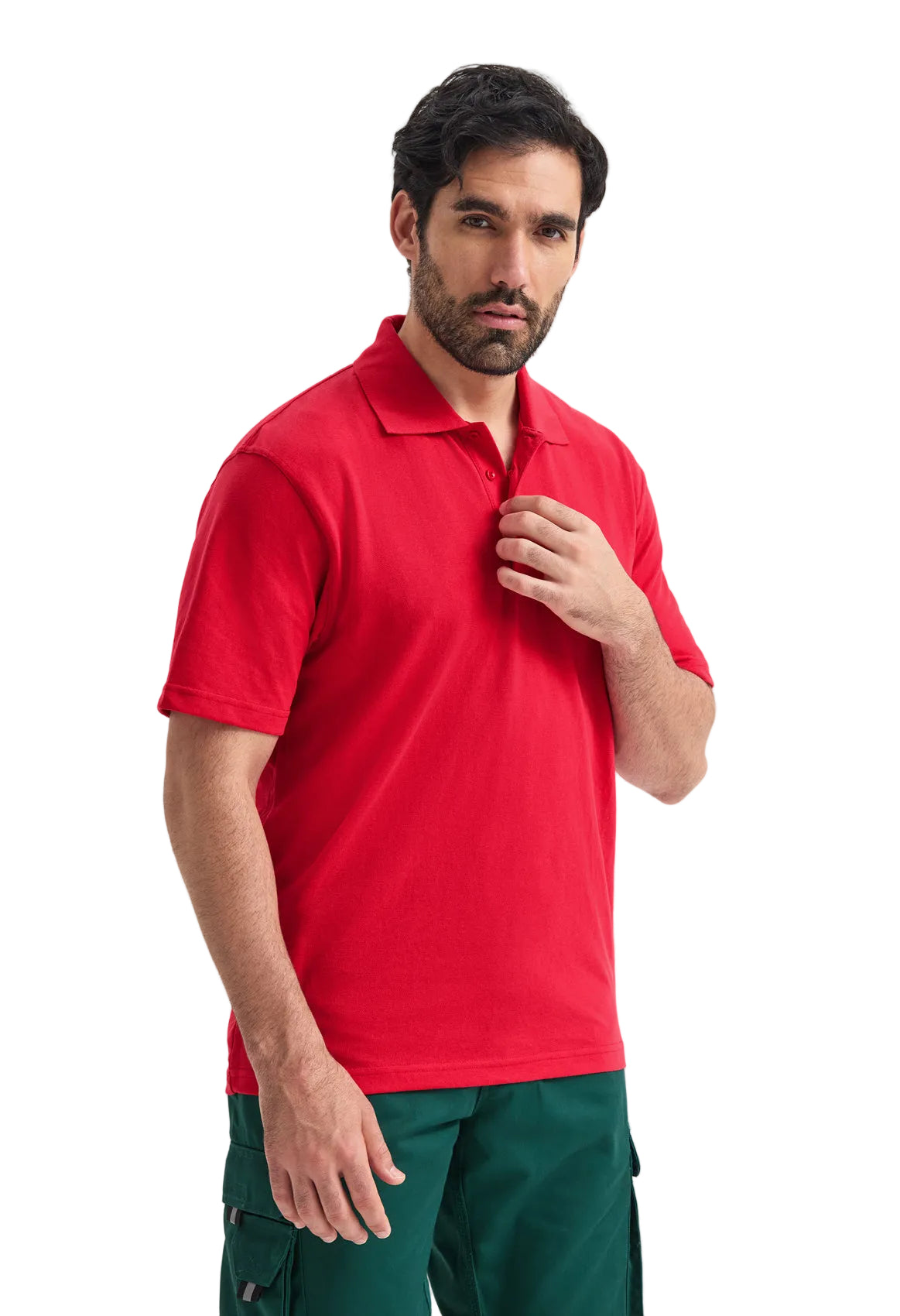 Man wearing a red Uneek UC105 polo shirt and green pants on a white background