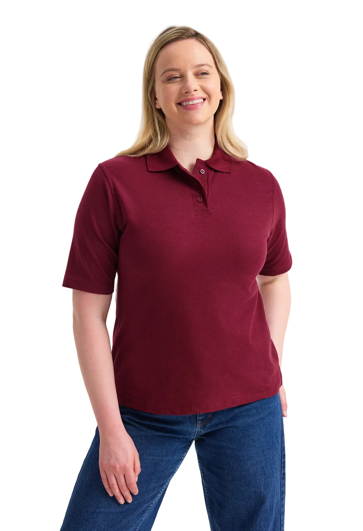 Woman wearing a Uneek UC106 maroon polo shirt and blue jeans on a white background