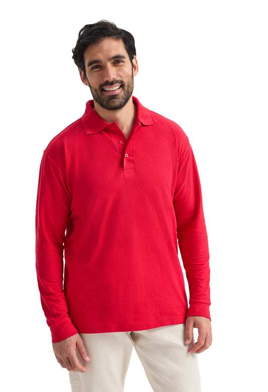Man wearing a Uneek UC113 red long-sleeve polo shirt on a white background