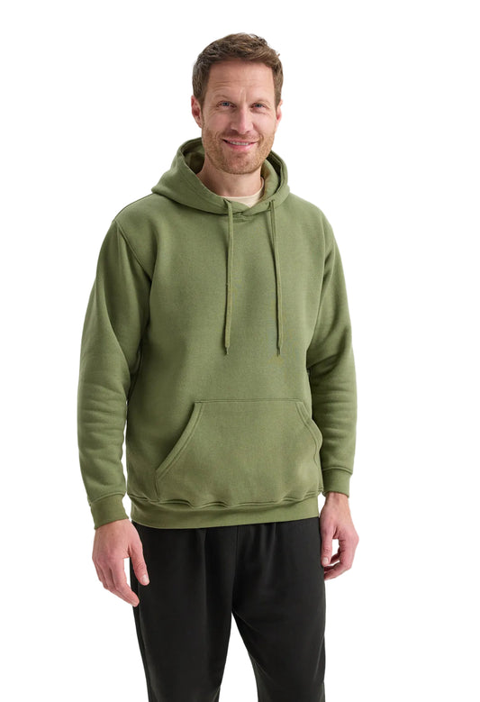 Man wearing a Uneek UC502 green hoodie on a white background