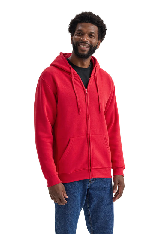 Man wearing a Uneek UC504 red hoodie and blue jeans on a white background