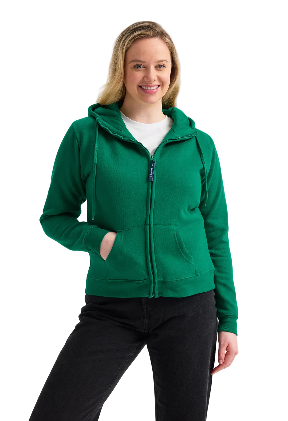 Woman wearing a green hoodie Uneek UC505 on a white background