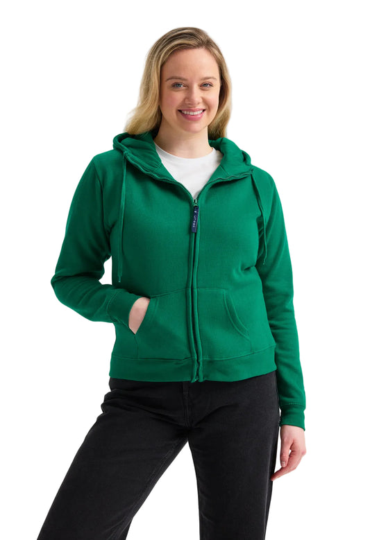 Woman wearing a green hoodie Uneek UC505 on a white background