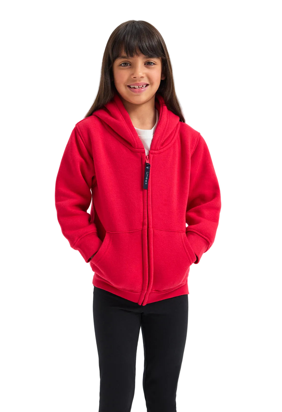 Young girl wearing a red Uneek UC506 hoodie on a white background