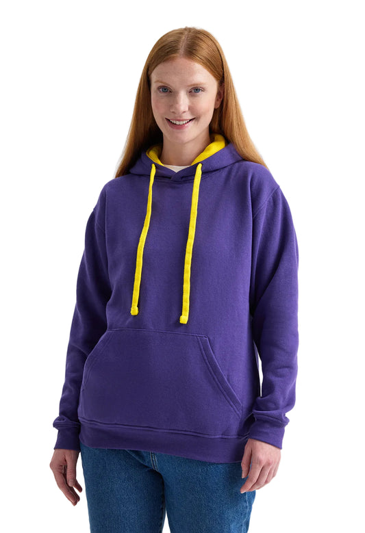 Person wearing a Uneek UC507 purple hoodie with yellow drawstrings on a white background