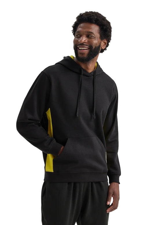 Man wearing a black Uneek UC517 hoodie with yellow accents on a white background