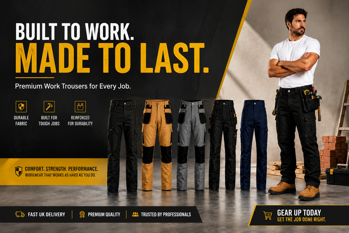 Promotional image of work trousers with text 'Built to work. Made to last.' and a man standing in a workshop.