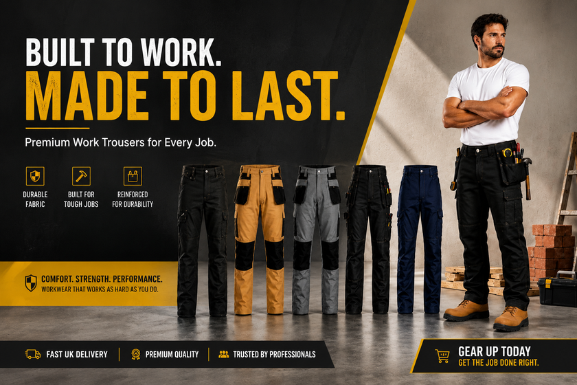 Promotional image of work trousers with text 'Built to work. Made to last.' and a man standing in a workshop.