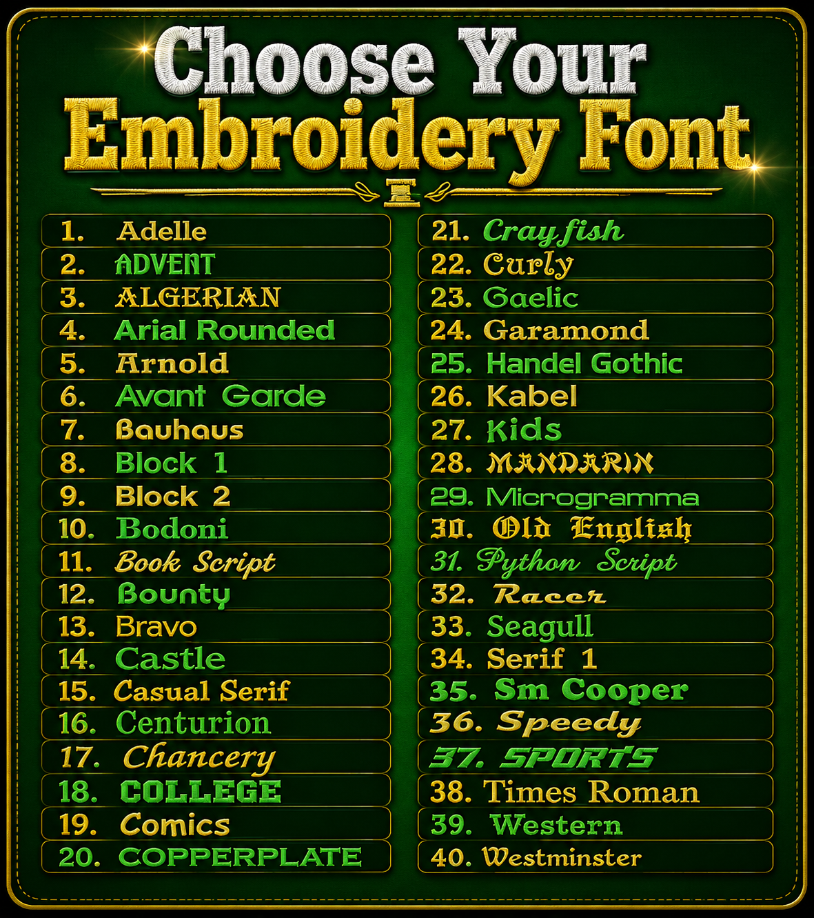 ark embroidery fonts