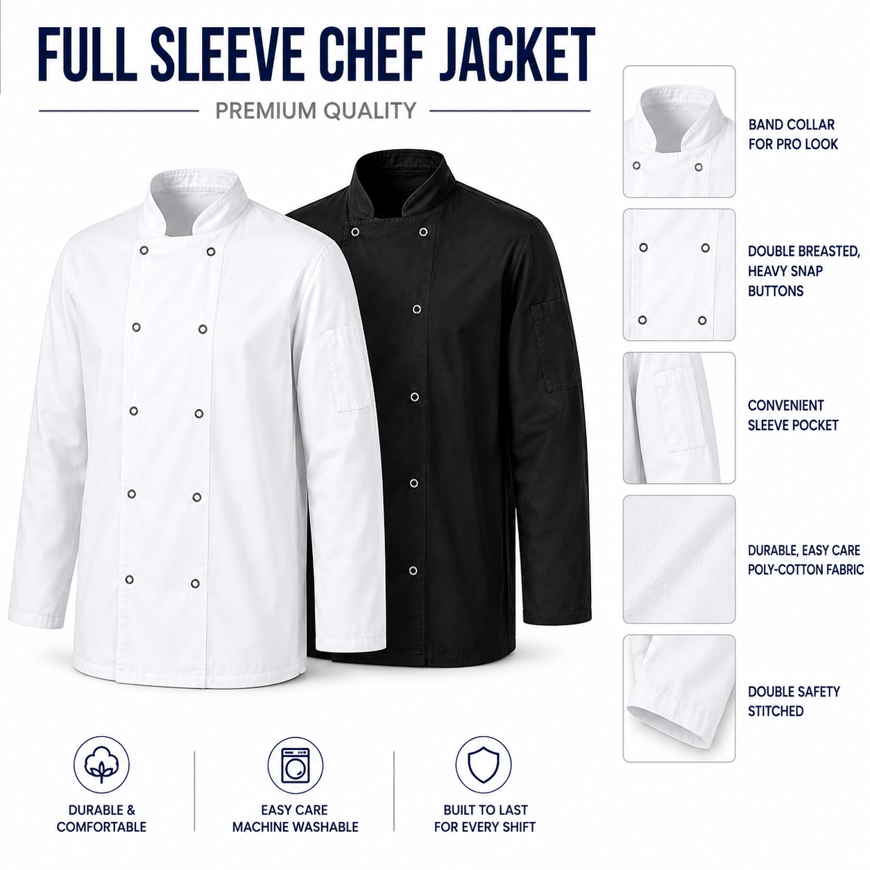 Premium Long Sleeve Chef Jacket – White & Black Professional Chef Coat for Restaurants, Catering & Hospitality