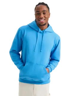Man wearing a blue hoodie on a white background